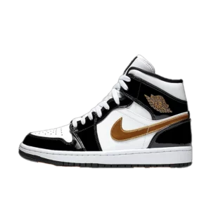 کتونی جردن 1 مید پتنت بلک وایت گلد Jordan 1 Mid Patent Black White GOLD