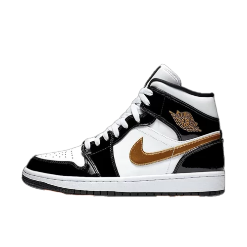 کتونی جردن 1 مید پتنت بلک وایت گلد Jordan 1 Mid Patent Black White GOLD
