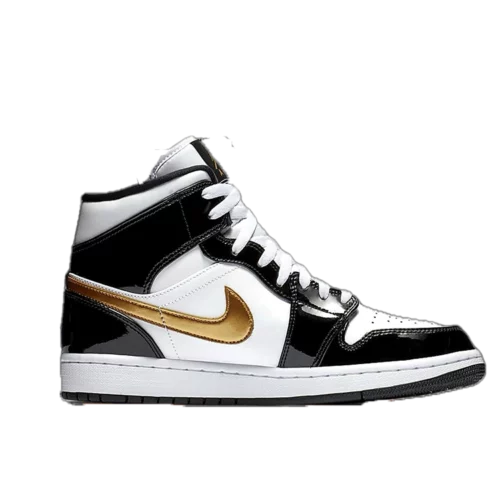 کتونی جردن 1 مید پتنت بلک وایت گلد Jordan 1 Mid Patent Black White GOLD - تصویر 2